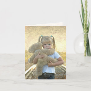 Little Girl with Teddy Bear on Railroad Track Card