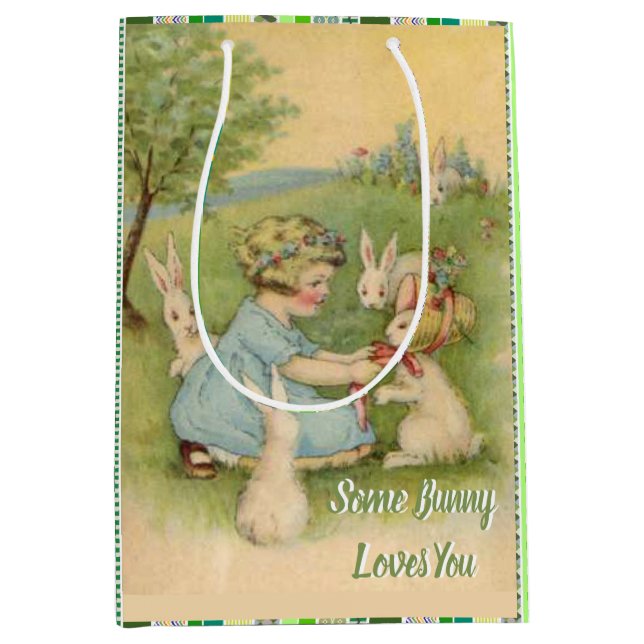 Little Girl with White Bunnies, Easter Holiday Medium Gift Bag (Front)