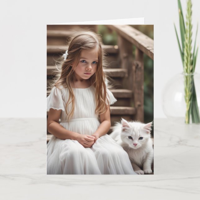 Little Girl With White Cat for Birthday Card (Front)