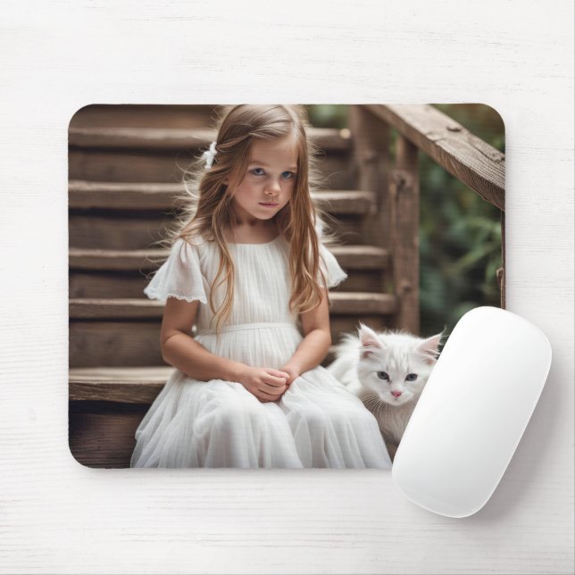 Little Girl With White Cat Mouse Mat (With Mouse)