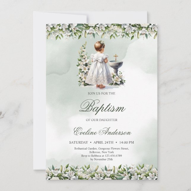 Little girl with white dress gold cross Baptism Invitation (Front)