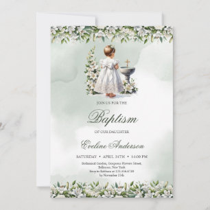 Little girl with white dress gold cross Baptism Invitation