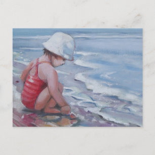 Little girl with white hat at the beach postcard
