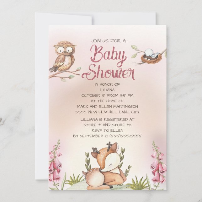 Little Girl Woodland Animals Deer Owl Baby Shower Invitation (Front)