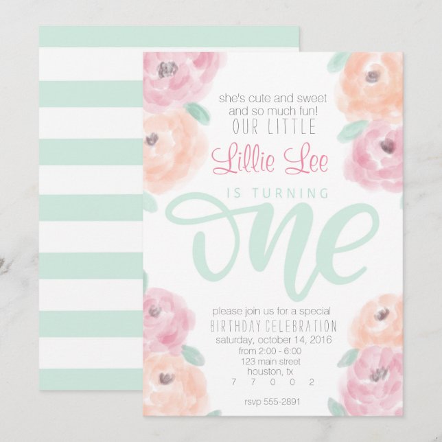 Little girl's 1st birthday party flower invitation (Front/Back)