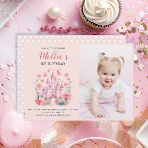 Little Girls 1st Birthday Pink Castle Photo Invitation