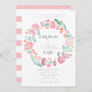 Little Girl's 1st birthday pink flower invitations