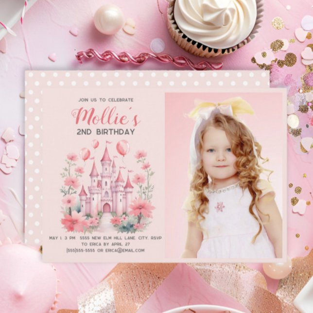 Little Girls 2nd Birthday Pink Castle Photo Invitation (Cute pink princess castle little girl's 2nd birthday photo invitation)