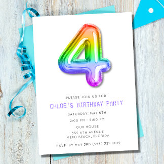 Little Girls 4th Birthday Balloon Party Invitation