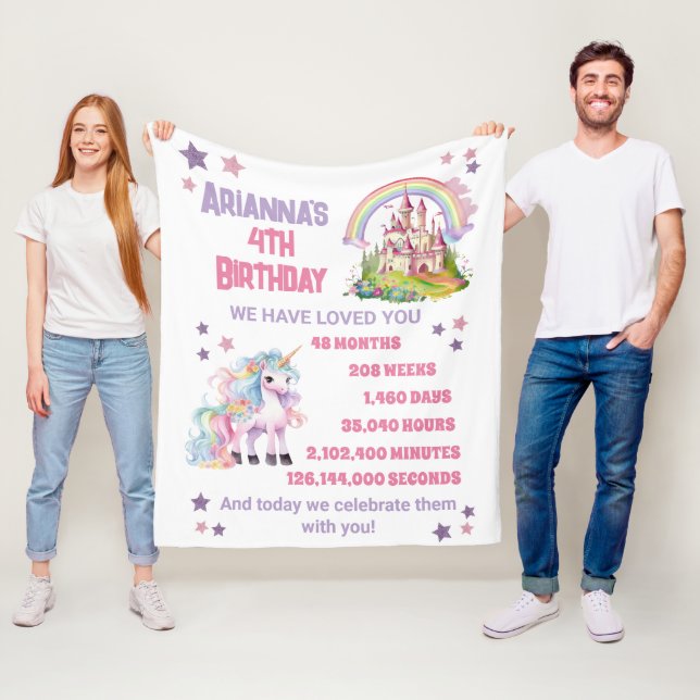 Little Girl's 4th Birthday Castle Unicorn  Fleece Blanket (In Situ)