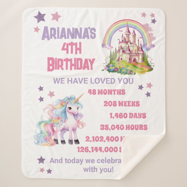 Little Girl's 4th Birthday Castle Unicorn  Sherpa Blanket (Front)