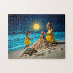 Little girls and a sea turtle building sandcastles jigsaw puzzle