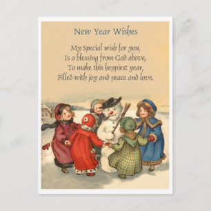 Little girls around snowman at New Year, vintage Postcard