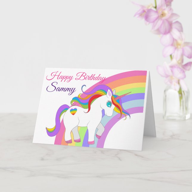 Little Girl's Birthday Unicorn Personalise Name Card (Orchid)