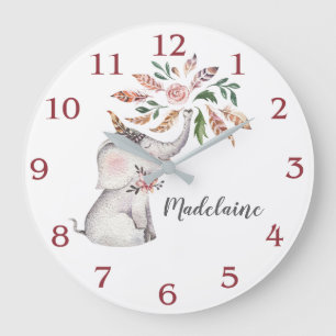 Little Girl's Boho Pink Grey Baby Elephant Large Clock
