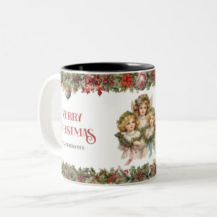 Little girls Christmas Victorian Angels with holly Two-Tone Coffee Mug