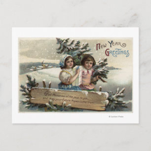 Little Girls Holding a Present and Tree Postcard