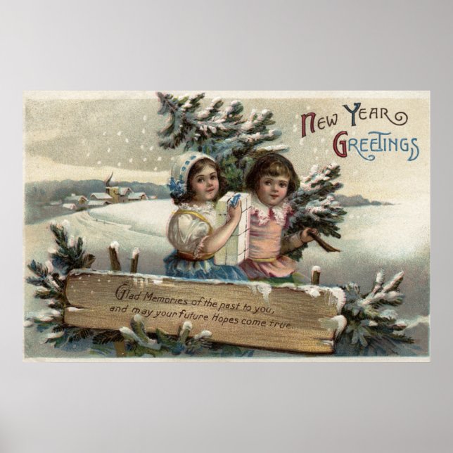 Little Girls Holding a Present and Tree Poster (Front)