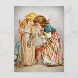 Little Girls Opening Stockings Postcard