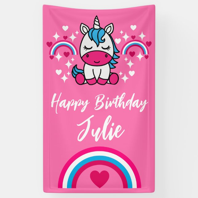 Little Girls Pink Rainbow Unicorn Banner (Vertical)