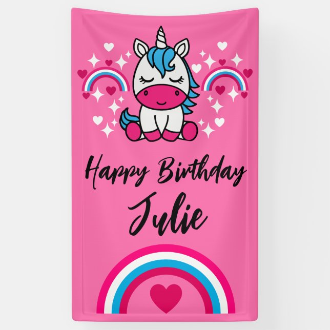 Little Girls Pink Rainbow Unicorn Banner (Vertical)