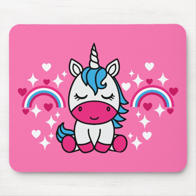 Little Girls Pink Rainbow Unicorn Mouse Mat (Front)