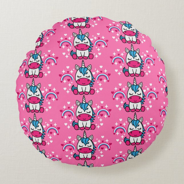 Little Girls Pink Unicorn Pony Round Cushion (Front)