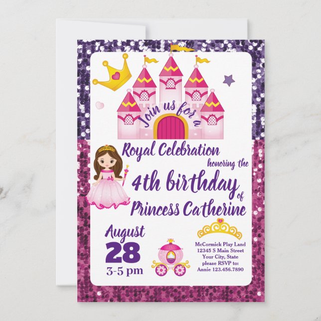 Little Girls Princess Castle Royal Birthday Party Invitation (Back)