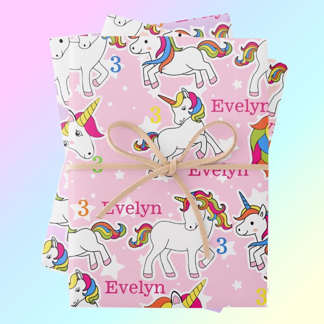 Little Girl's Unicorn Birthday Name & Age 3 Wrapping Paper Sheet (Creator Uploaded)