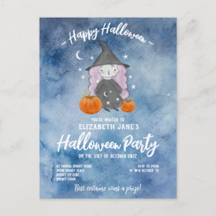 Little Girls Watercolour Halloween Party Invite Postcard