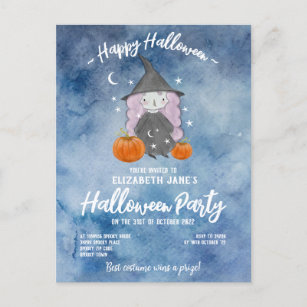 Little Girls Watercolour Halloween Party Invite Postcard