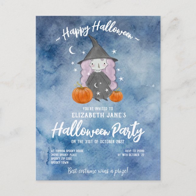 Little Girls Watercolour Halloween Party Invite Postcard (Front)
