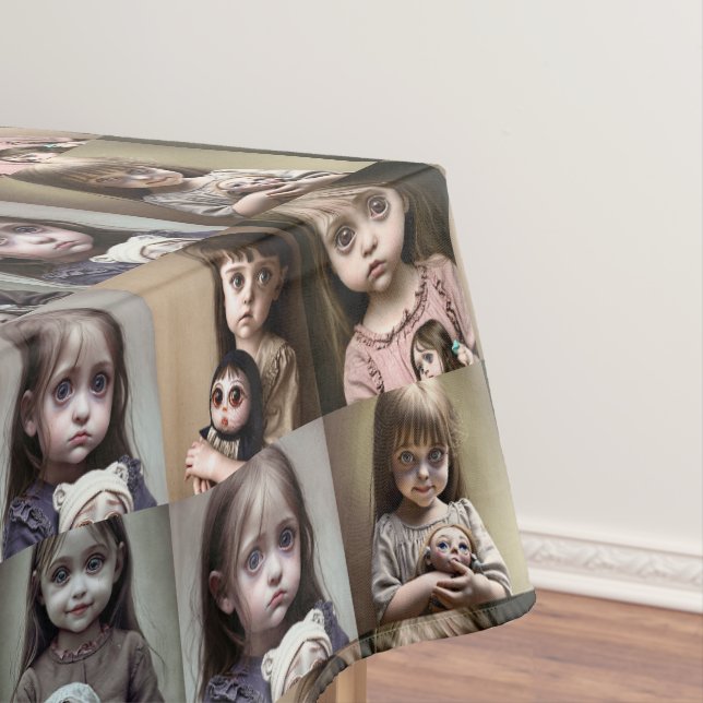 Little Girls with Creepy Antique Doll Halloween Tablecloth (In Situ)