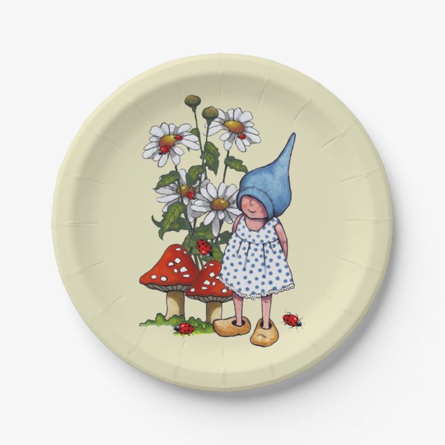 Little Gnome Girl, Daisies, Toadstool Original Art Paper Plate (Front)