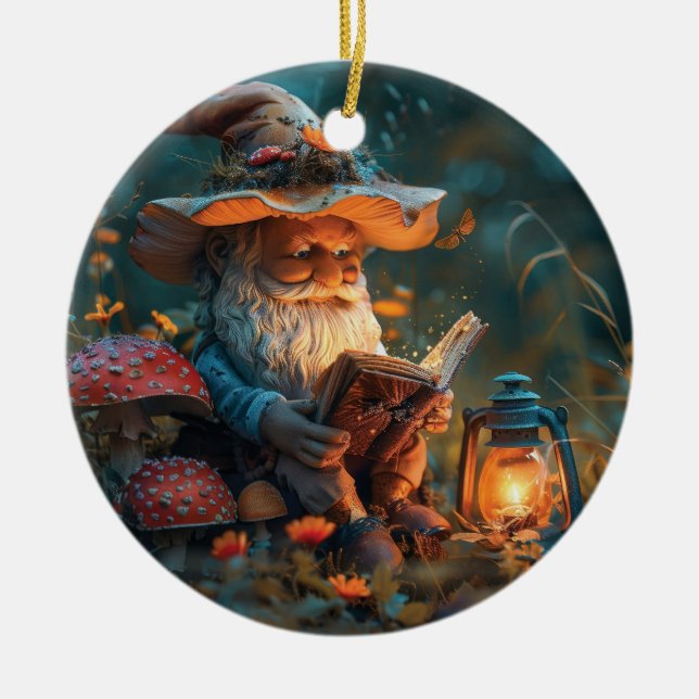 Little gnome reading a book  ceramic tree decoration (Front)
