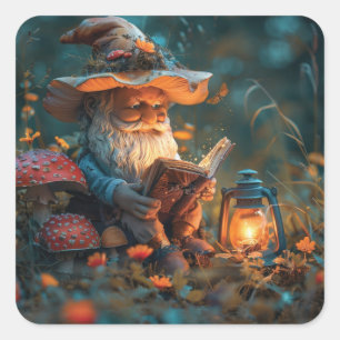 Little gnome reading a book square sticker