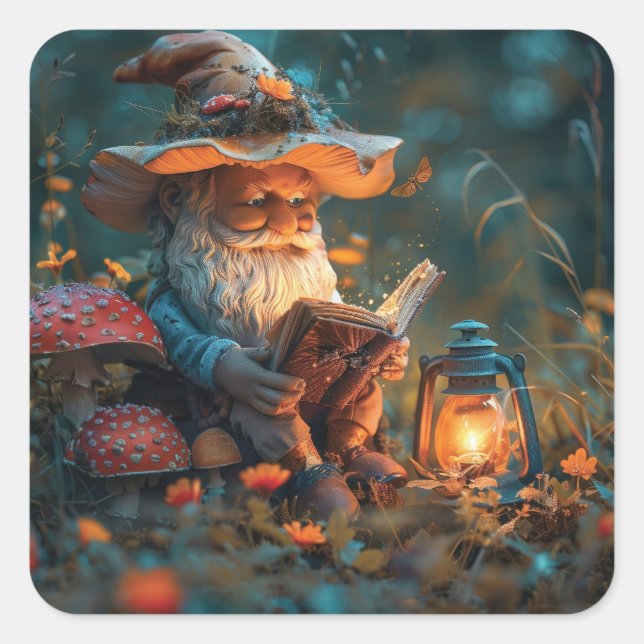 Little gnome reading a book  square sticker (Front)