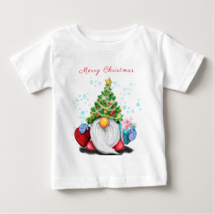 Little Gnome with Christmas Tree Hat and Gift Fun Baby T-Shirt