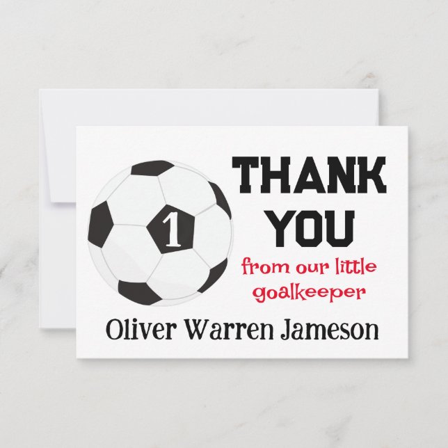 Little Goalkeeper Soccer Baby Boy's 1st Birthday Thank You Card (Front)