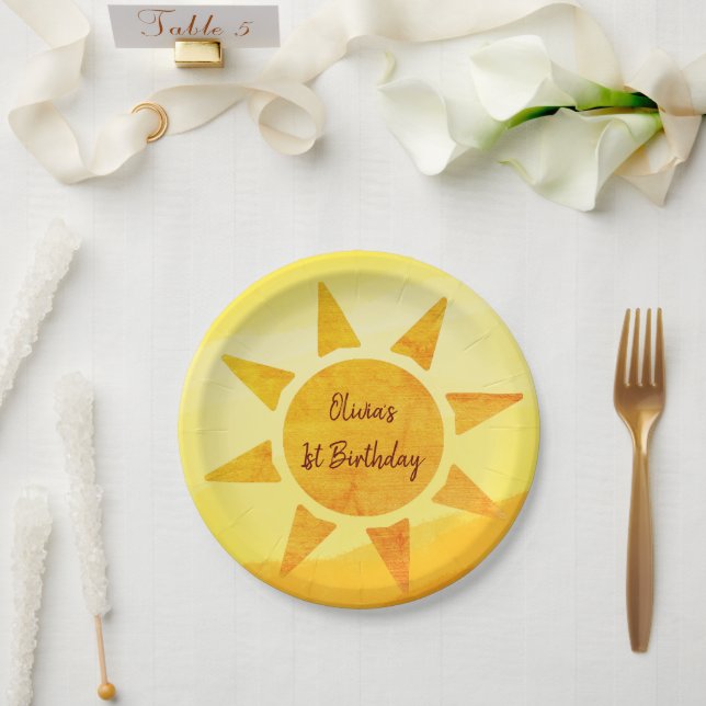 Little Gold Sunshine Boho Birthday Paper Plates (Wedding)