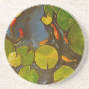 Little Goldfish Koi in Pond with Lily Pads Coaster