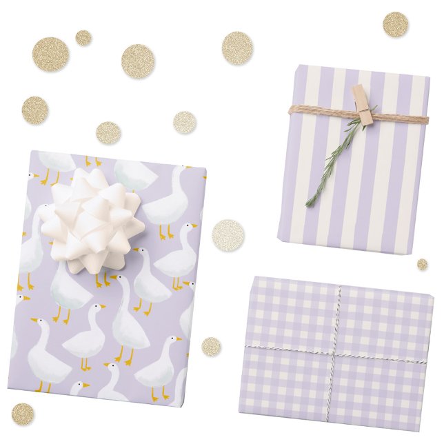 Little Goose Geese Lilac Purple Wrapping Paper Sheet (Little Goose geese stripe and gingham check pastel lilac purple gift wrapping paper sheets)