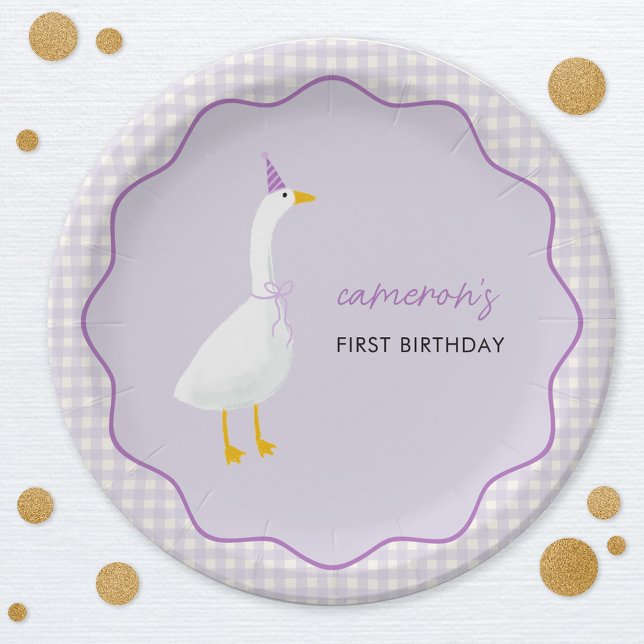 Little Goose Gingham First 1st Birthday Paper Plate (Little Goose personalized first birthday paper plates with wavy frame and lilac gingham check detail)