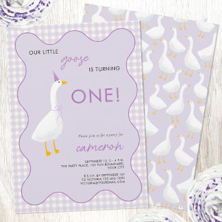 Little Goose Gingham First 1st Birthday Party Invitation