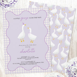 Little Goose Gingham Lilac Baby Shower Invitation