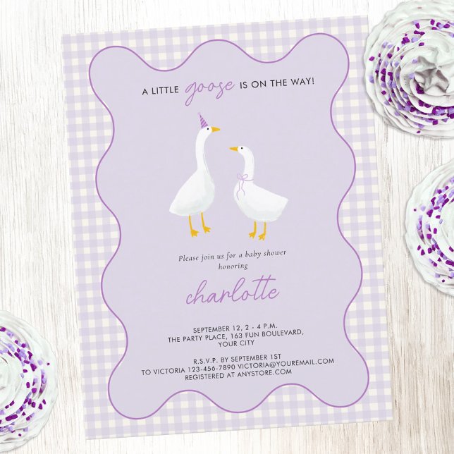 Little Goose Gingham Lilac Baby Shower Invitation Postcard (A little goose is on the way cute geese themed pastel lilac purple gingham check baby shower invite)
