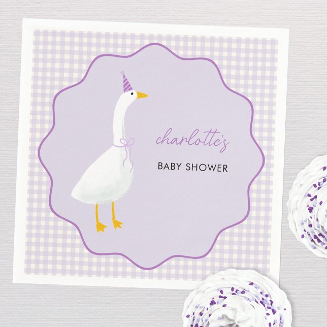 Little Goose Lilac Gingham Baby Shower Napkin (Little Goose geese themed personalized custom name baby shower party paper napkin pastel lilac)