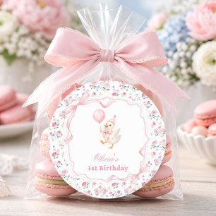 Little Goose Pink Bow Floral Birthday Thank You Classic Round Sticker