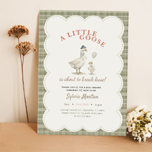 Little Goose Sage Green Gingham Bow Baby Shower Invitation