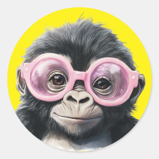 Little Gorilla with Pink Glasses Yellow Background Classic Round Sticker (Front)